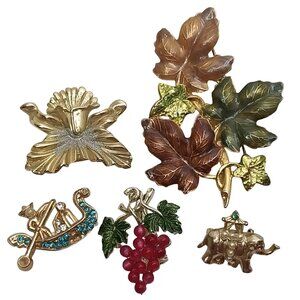 Vintage Gold Tone Brooch Pin Lot of 5 Leaf Grapes Elephant Flower Some Signed
